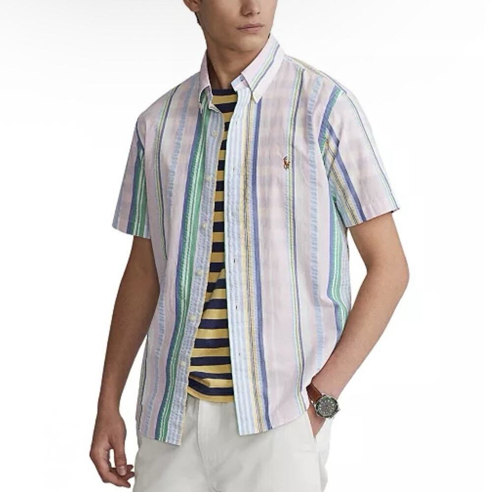 Polo Ralph Lauren Short Sleeve Seersucker Pink Stripe Button Down Shirt M NEW